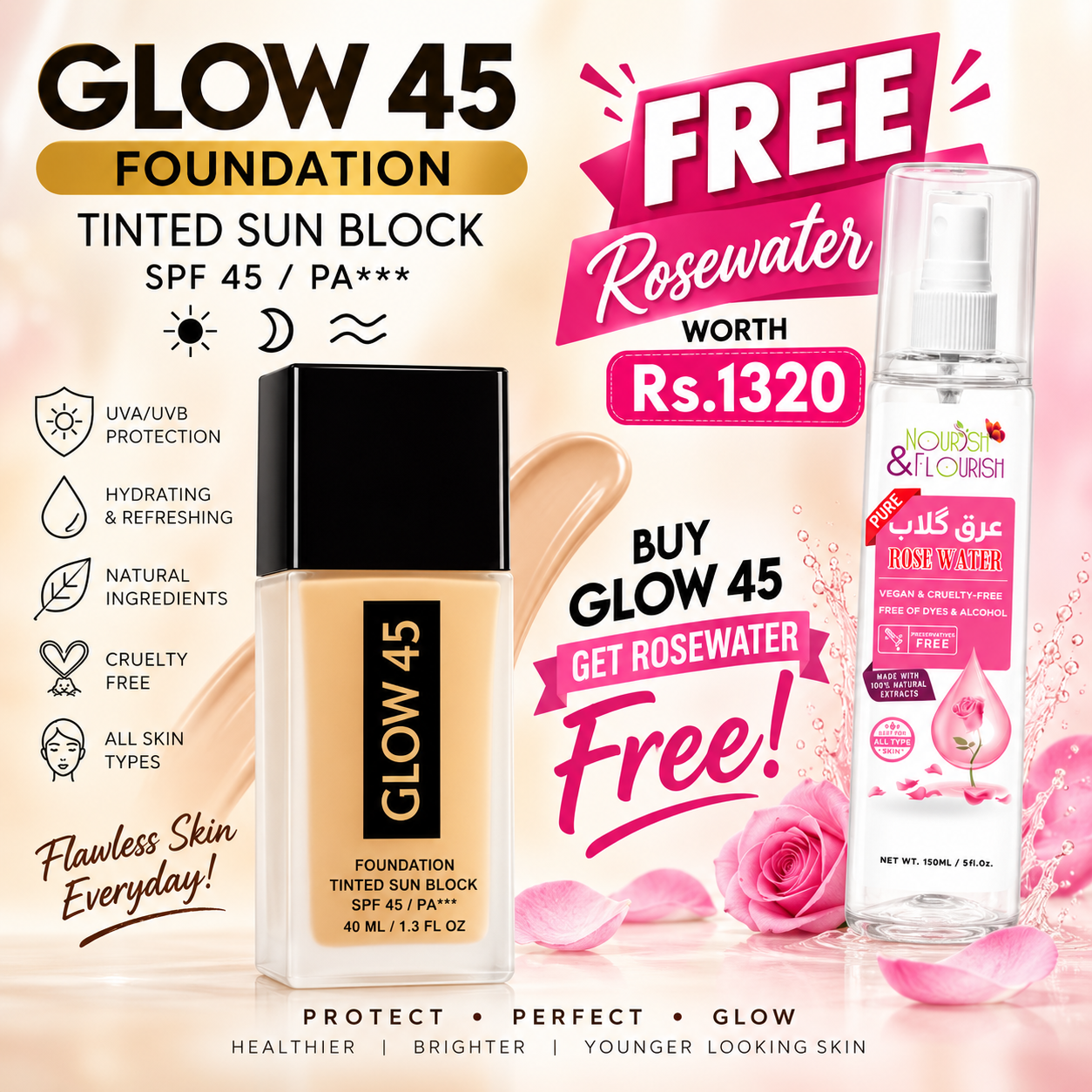 Glow 45 Foundation Tinted Sun Block SPF 45 PA+++ + FREE Rose Water Worth Rs.1320.