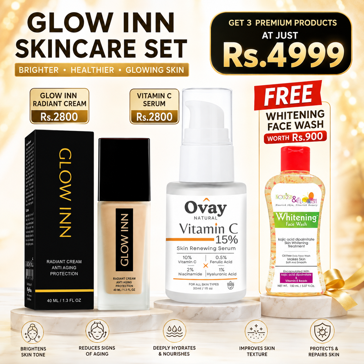 Glow Inn Radiant Cream + Ovay Vitamin C 15% Serum Bundle with FREE Whitening Face Wash