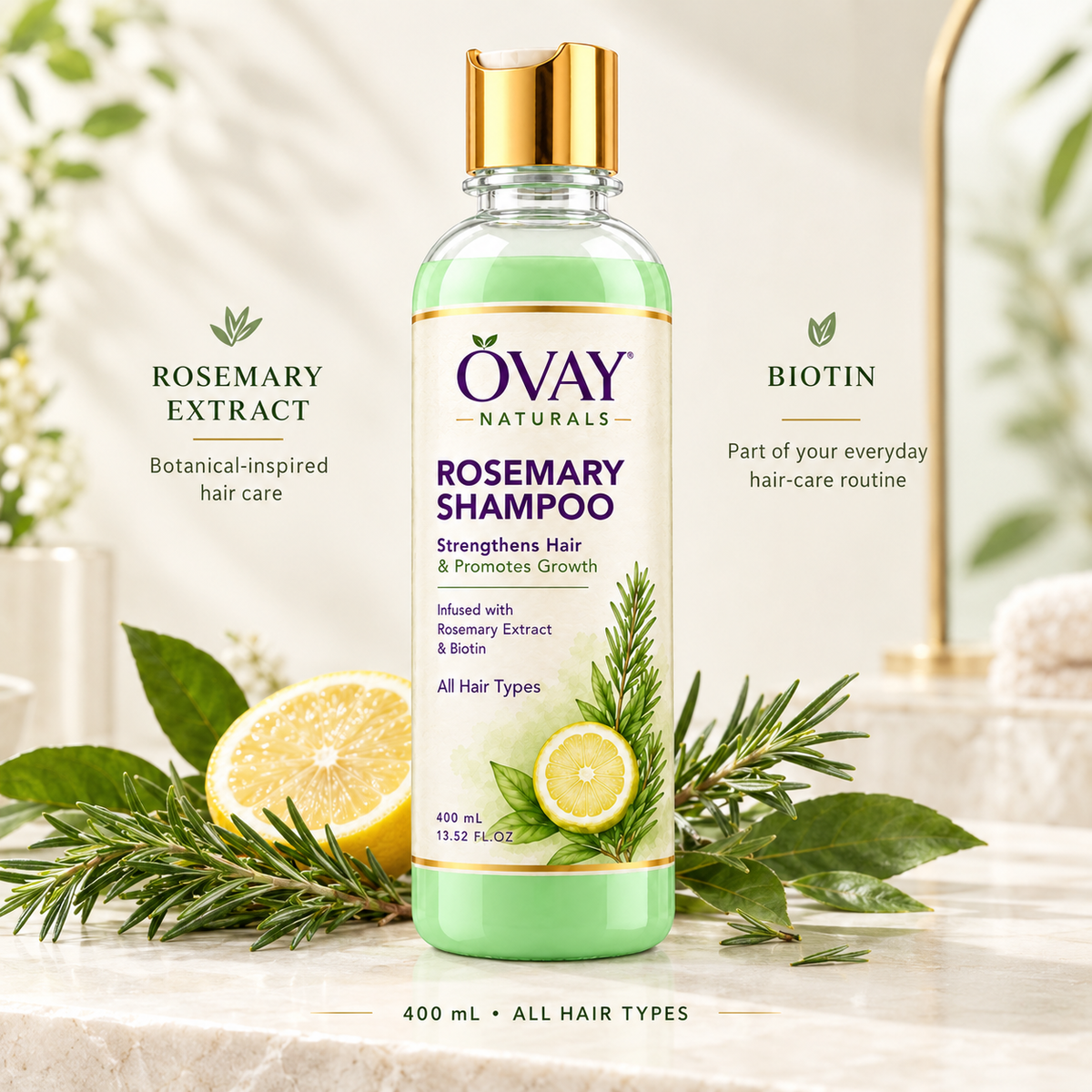 Ovay Naturals Rosemary Shampoo with Biotin – Strengthening & Hair Growth Care, 400ml