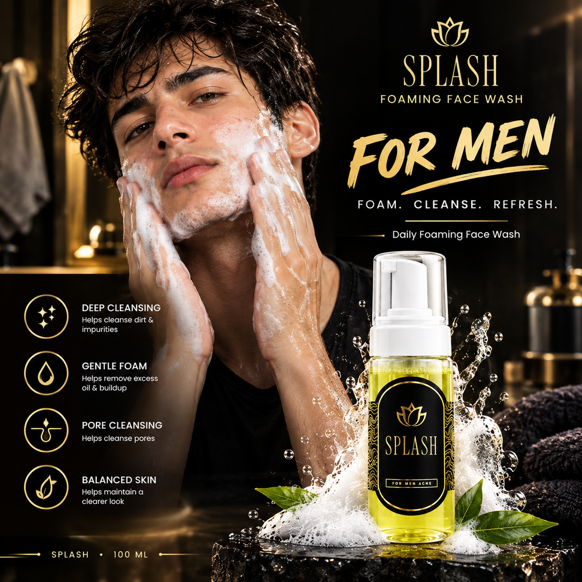 SPLASH Men's Acne Control Foaming Face Wash 100ml | Men's Facial Cleanser