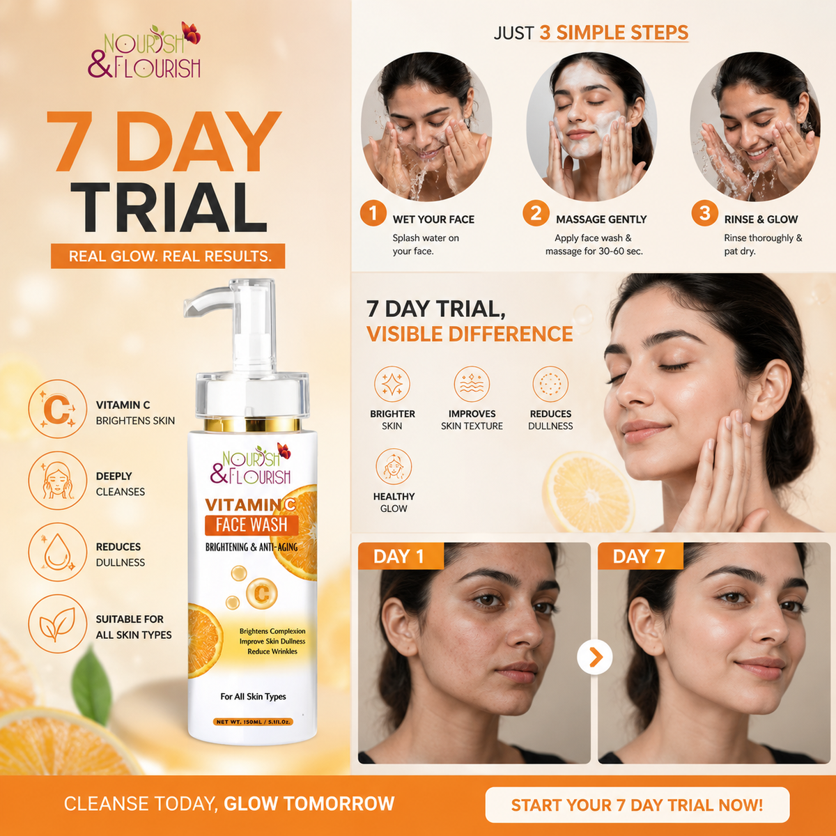 Nourish & Flourish Vitamin-C Face wash - Radiant Glow Face wash for Brighter Skin