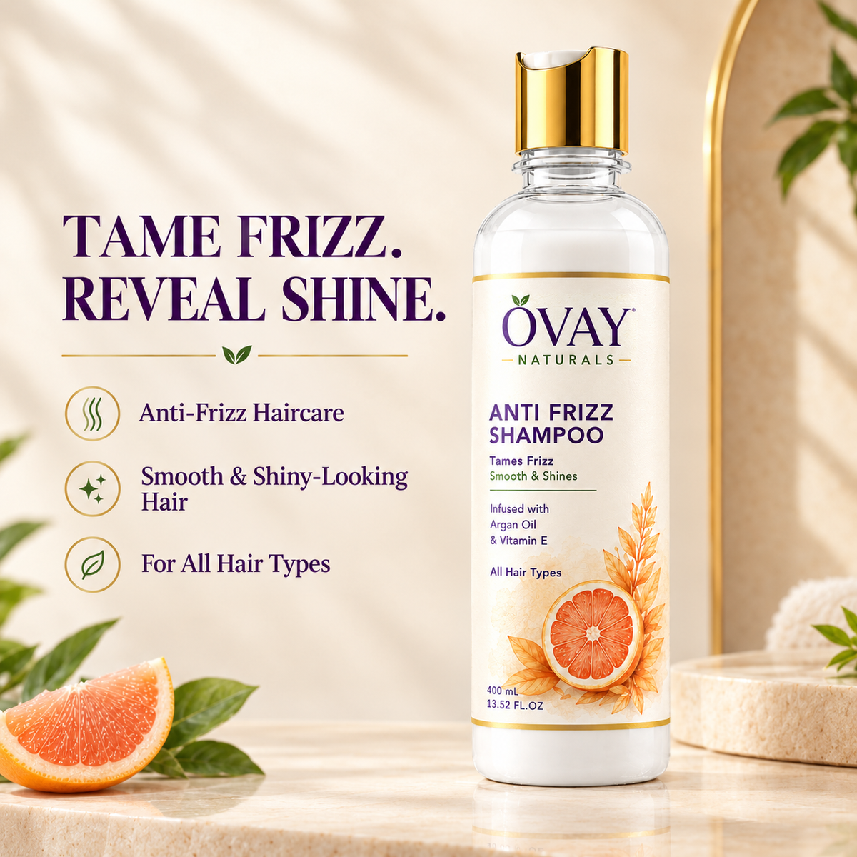 Ovay Naturals Anti Frizz Shampoo with Argan Oil & Vitamin E – Smooth & Shiny Hair, 400ml