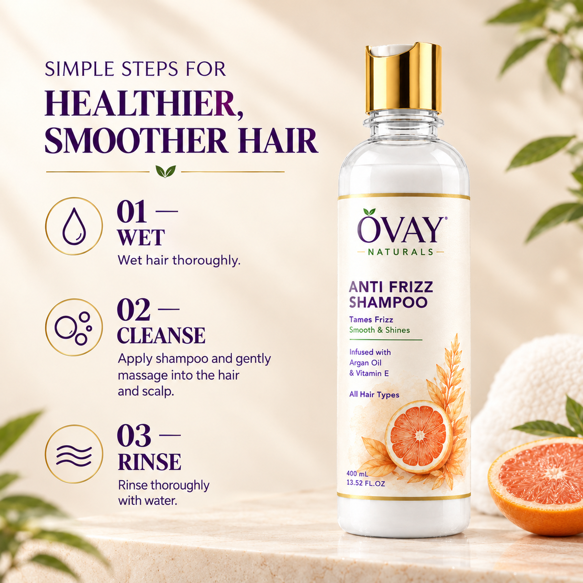 Ovay Naturals Anti Frizz Shampoo with Argan Oil & Vitamin E – Smooth & Shiny Hair, 400ml