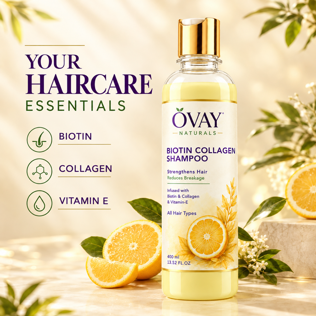 Ovay Naturals Biotin Collagen Shampoo with Vitamin E – Hair Strengthening & Breakage Care, 400ml