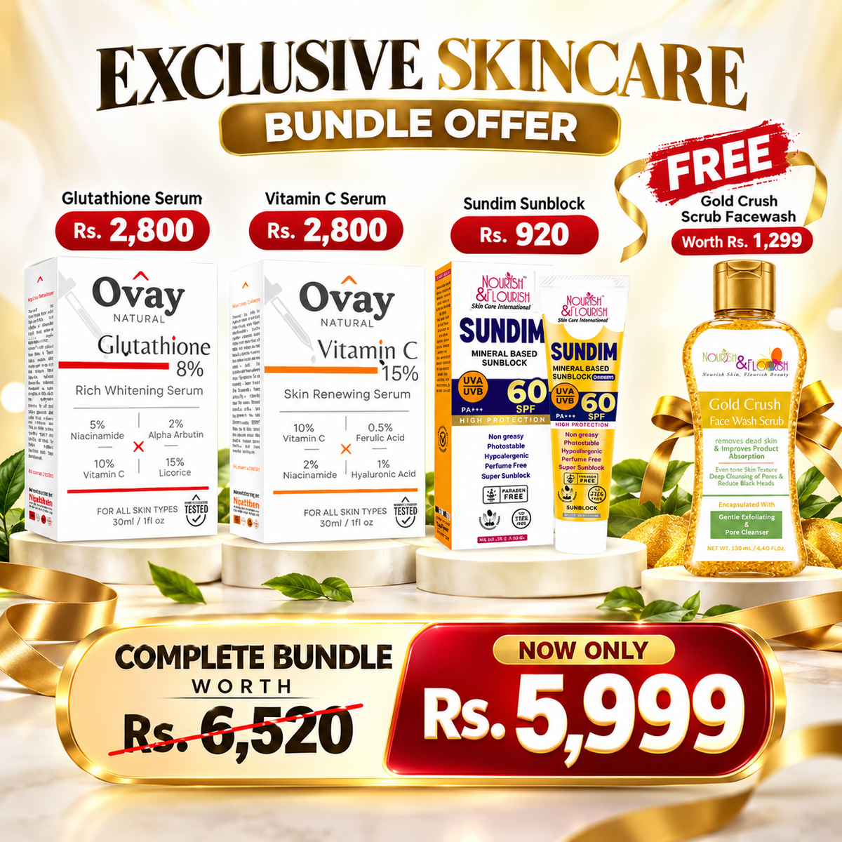 Vitamin C Serum, Glutathione Serum & Sundim SPF 60 Sunblock + FREE Gold Crush Scrub