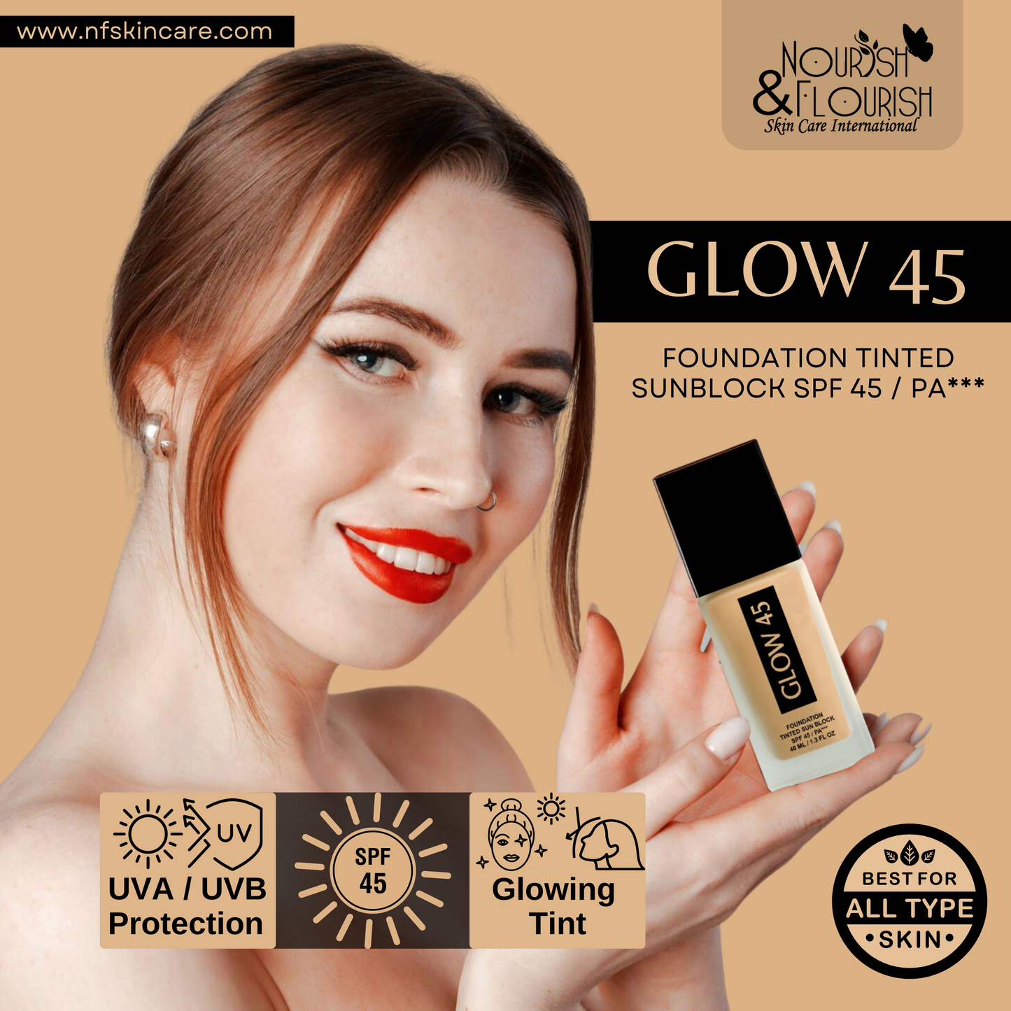 کرم ضد آفتاب مبتنی بر فونداسیون GLOW 45 - بلوک ضد آفتاب رنگی SPF 45 