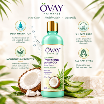 Ovay Naturals Hydrating Shampoo with Coconut Extract & Aloe Vera – Gentle Hair Cleanser, 400ml