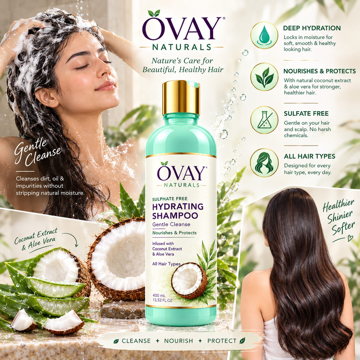 Ovay Naturals Hydrating Shampoo with Coconut Extract & Aloe Vera – Gentle Hair Cleanser, 400ml