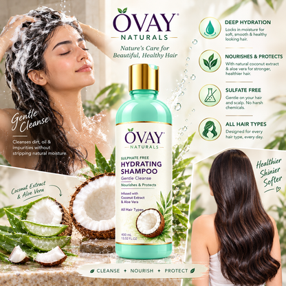 Ovay Naturals Hydrating Shampoo with Coconut Extract & Aloe Vera – Gentle Hair Cleanser, 400ml