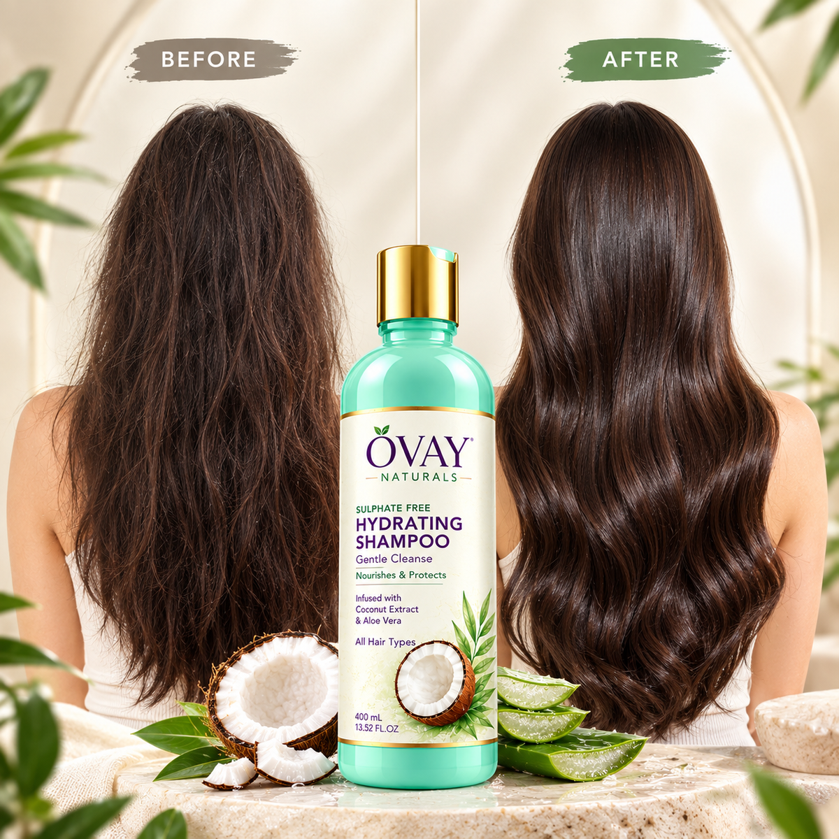 Ovay Naturals Hydrating Shampoo with Coconut Extract & Aloe Vera – Gentle Hair Cleanser, 400ml