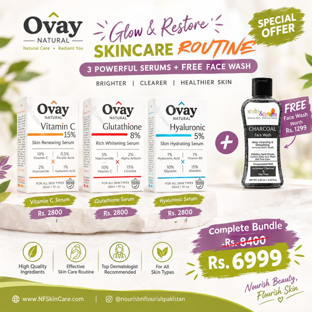 Ovay Natural Glow & Restore Skincare Bundle | Vitamin C 15% + Glutathione 8% + Hyaluronic Acid 5% Serums + Free Charcoal Face Wash