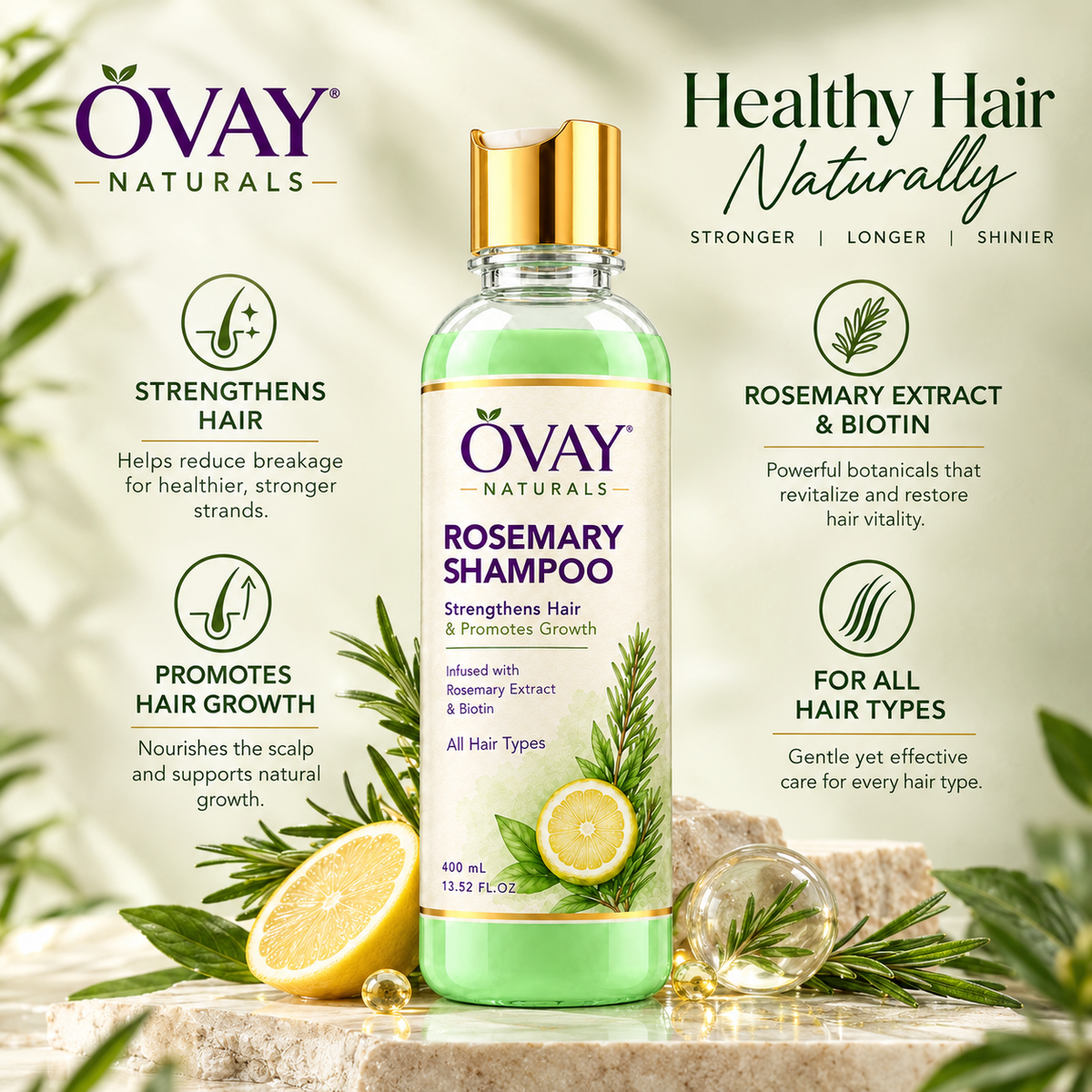 Ovay Naturals Rosemary Shampoo with Biotin – Strengthening & Hair Growth Care, 400ml