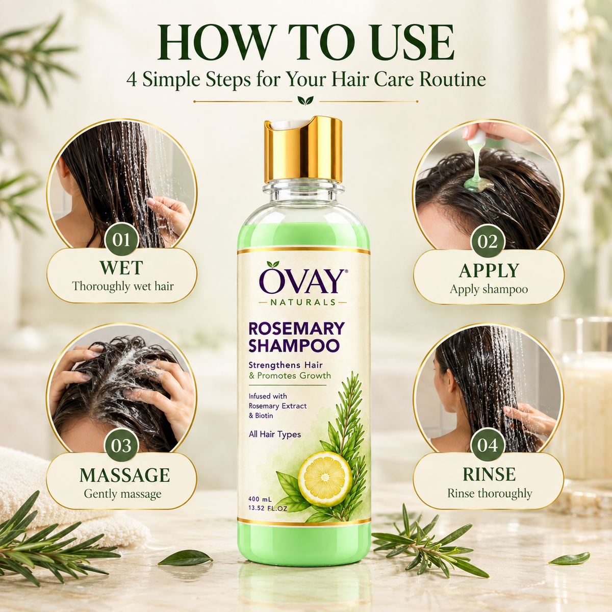 Ovay Naturals Rosemary Shampoo with Biotin – Strengthening & Hair Growth Care, 400ml