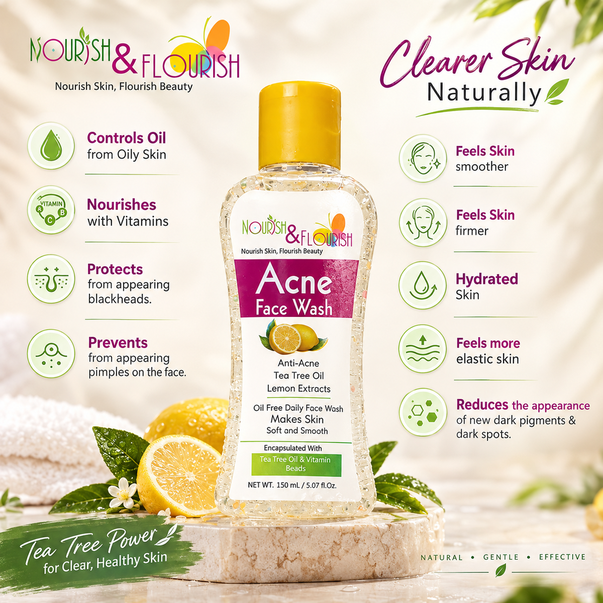 Nourish & Flourish Acne Face Wash - No More Black Heads & Pimples on Face